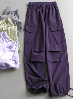 捏褶侧边口袋高腰工装伞兵裤户外登山徒步阔腿裤机能休闲裤女C875
