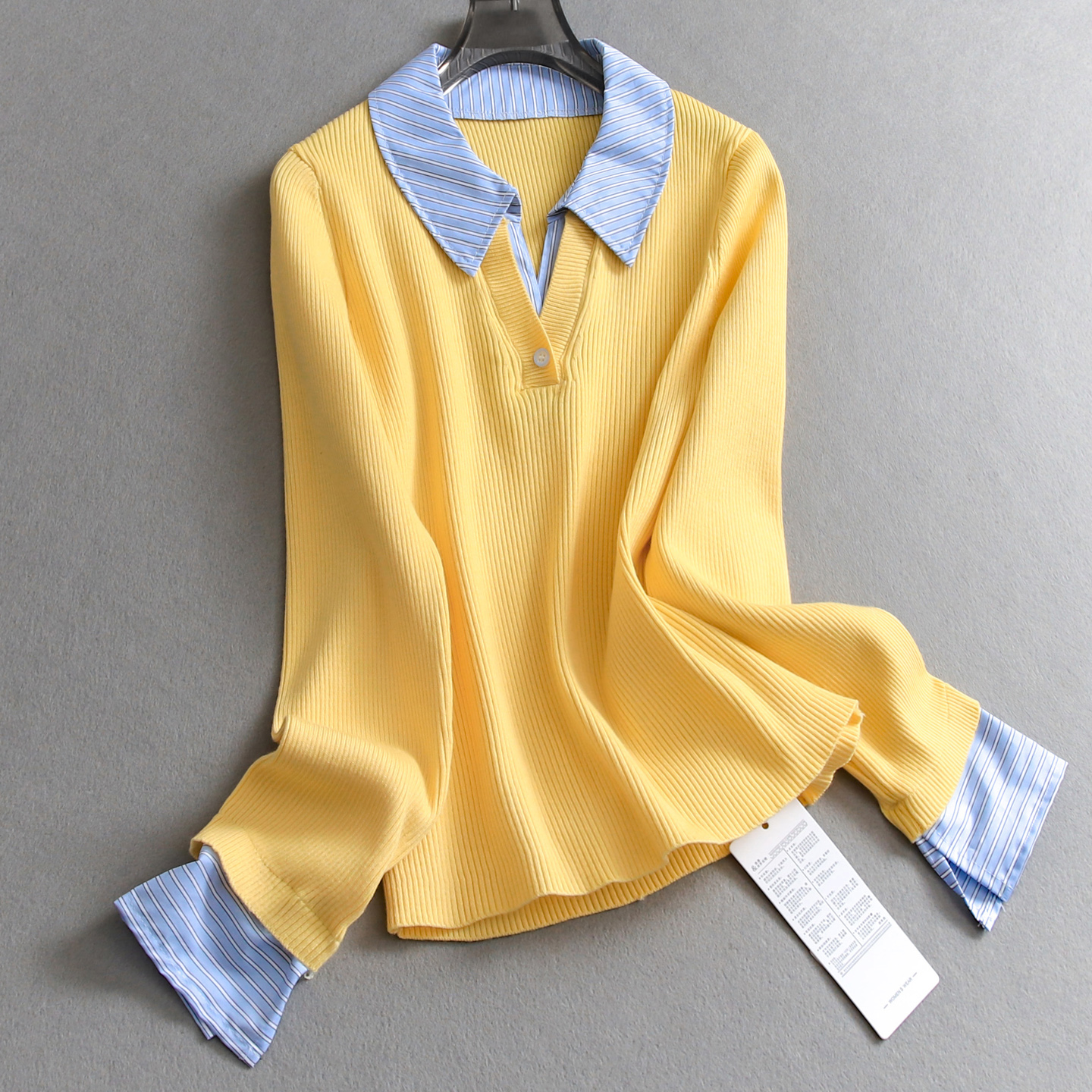 撞色条纹衬衫领女修身长袖针织衫