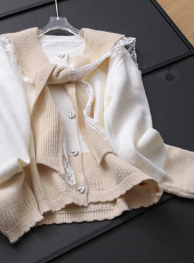 蕾丝边撞色宽松显瘦减龄针织开衫外套2025秋季新款长袖女毛衣B614