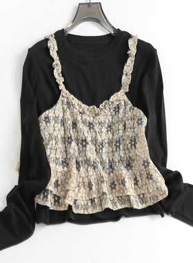 镂空蕾丝小碎花两件套装圆领秋冬新款减龄淑女长袖百搭T恤衫F525