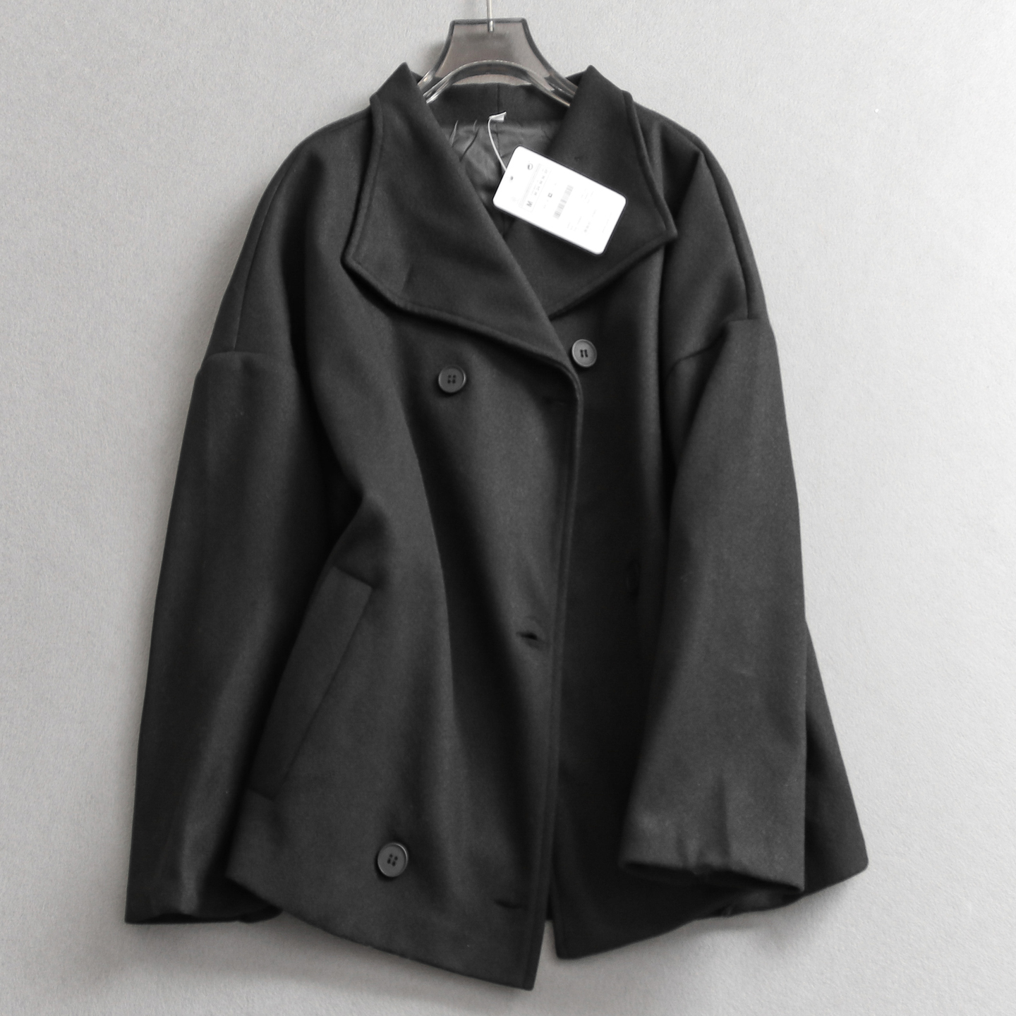 纯色双排扣翻领宽松单面呢大衣女