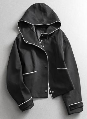 羊毛混纺撞色连帽宽松廓形通勤风2025秋季新款长袖女装短外套M157