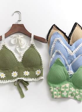 H848民族风时尚性感小吊带背心海边沙滩系带镂空针织短款挂脖小衫