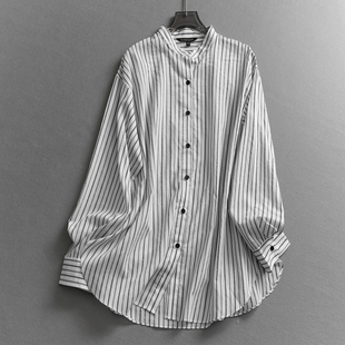 通勤女衬衫 长袖 E145 2026春新款 撞色条纹高智感垂感立领宽松中长款