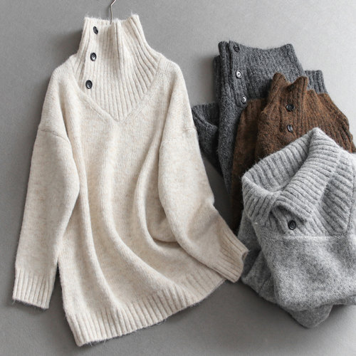 纯色高领宽松套头毛衣慵懒针织衫