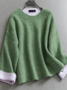 慵懒撞色双面针织圆领宽松套头毛衣2026春季新款长袖女针织衫W176