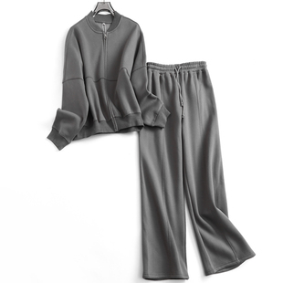 女两件套装 运动风女卫衣阔腿休闲裤 N074 长袖 纯色宽松立领拉链开衫