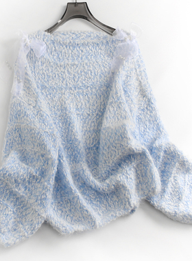 蓝色软糯亲肤宽松慵懒蝴蝶结系带2024秋季长袖减龄女针织毛衣G012