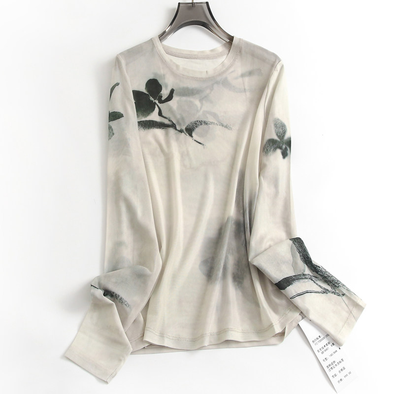 朦胧网纱薄款印花显瘦上衣内搭打底衫2024秋新长袖正肩T恤女G193