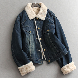 女牛仔外套棉服M137 长袖 加绒加厚宽松显瘦翻领纽扣门襟25冬季 新款