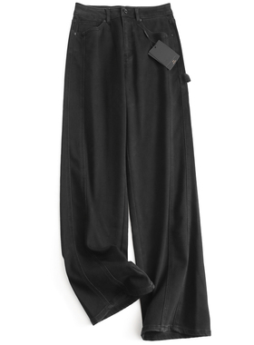 黑色加绒加厚高腰显瘦宽松直筒裤显腿长阔腿裤百搭女裤牛仔裤J204