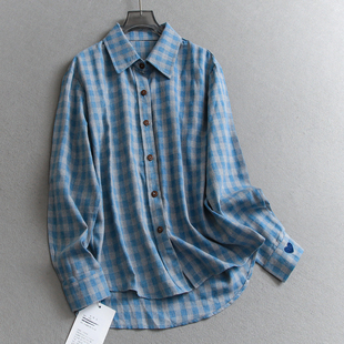 显白复古蓝色格宽松显瘦叠穿长袖 衬衣Q686 休闲百搭减龄洋气女衬衫