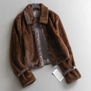 顺滑毛绒仿皮草温暖舒适PU拼接翻领高街时髦宽松长袖 外套Q274 女装