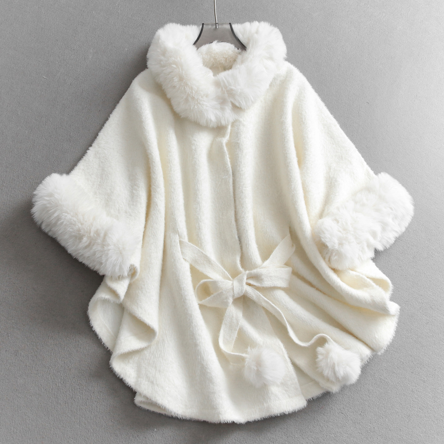 温柔淑女风毛领宽松针织斗篷毛衣