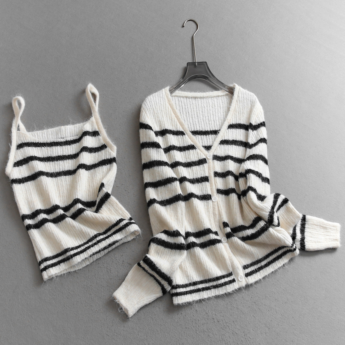 撞色条纹韩系学院风两件套针织衫