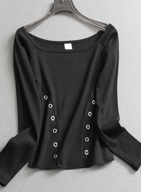 纯色金属扣镂空显瘦修身短款一字领25秋季新款长袖打底T恤女N844