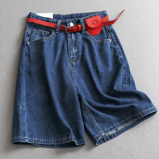 C490 宽松直筒女牛仔五分裤 撞色腰带高腰显瘦时尚 气质休闲百搭短裤