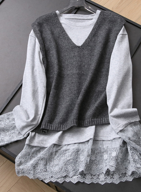 蕾丝拼接纯色中长款宽松长袖T恤V领针织套头马甲可配一整套女B790