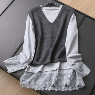 蕾丝拼接纯色中长款 T恤V领针织套头马甲可配一整套女B790 宽松长袖