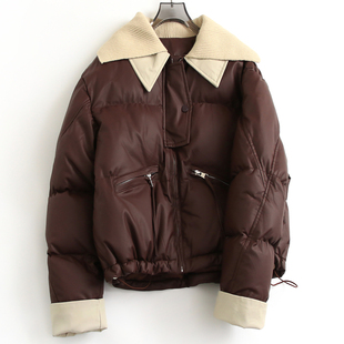 撞色针织翻领免洗皮衣夹克长袖 减龄保暖外套宽松女棉衣棉服F830