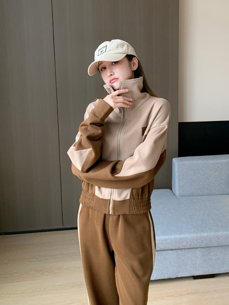 V545 캐주얼 스포츠 스타일 패션 정장 여성 슬림 지퍼 자켓 하이 웨이스트 스트레이트 팬츠 투피스 세트