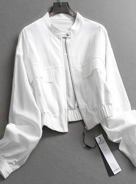 纯色苎麻混纺薄款立领松紧收腰短款长袖百搭休闲女装防晒外套Z715