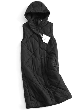 纯色绗缝H型宽松显瘦过膝长款连帽无袖棉衣外套女装背心马夹H343