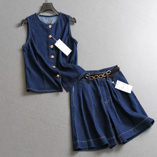 V169 女套装 纯色纽扣显瘦圆领无袖 牛仔背心马夹可配一套阔腿五分裤