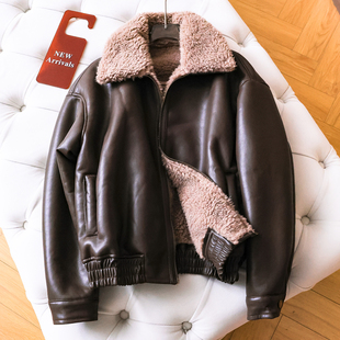 纯色复古风仿羊羔绒内里加绒加厚保暖宽松长袖 夹克外套女皮衣Q203