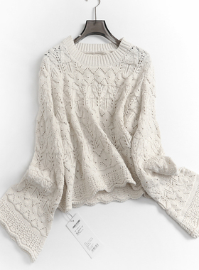 C193慵懒罩衫2023秋季新款镂空针织衫圆领宽松短款长袖毛衣女薄款