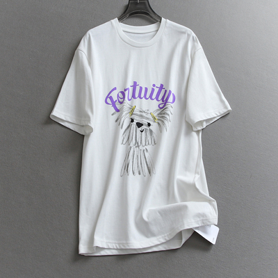 撞色趣味萌宠印花宽松女短袖T恤