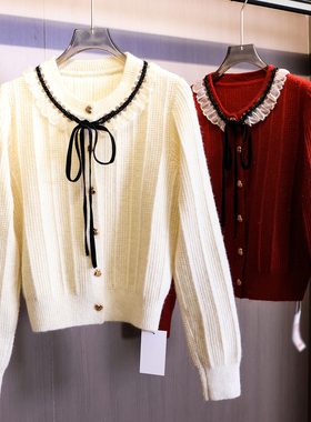 撞色花边拼接系带圆领法式温柔风2025秋季新款长袖针织女毛衣B301