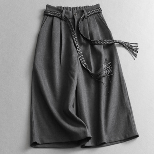 百搭七分休闲裤 裤 女B512 西装 「送腰带」纯色高腰半松紧宽松阔腿裤