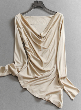 纯色捏褶显瘦修身荡领正肩长袖显瘦2025秋新款长袖打底女T恤B514