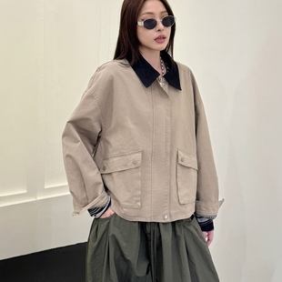 韩版复古中性风工装外套2025秋季新款女宽松慵懒小众夹克风衣B429