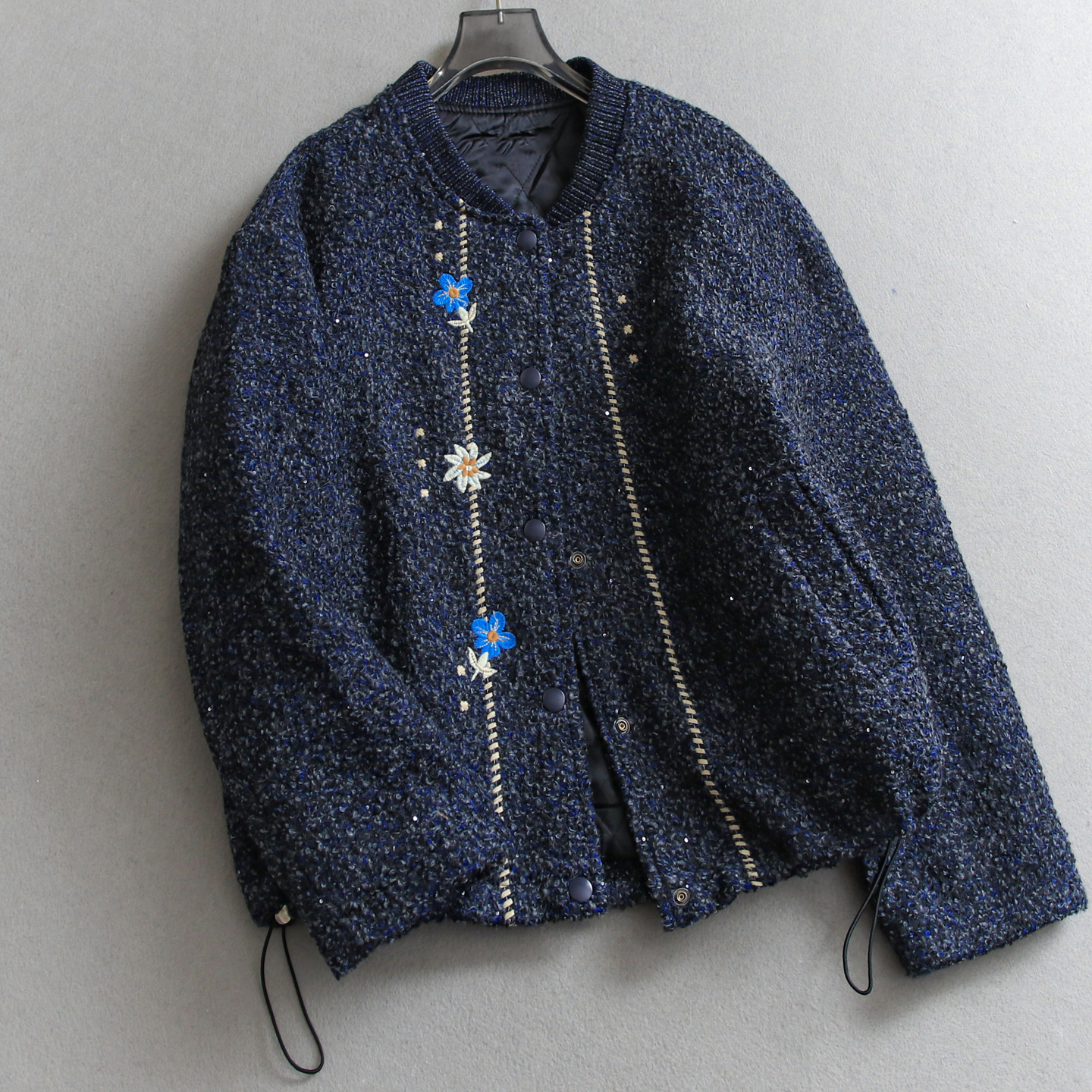 刺绣小花棒球领宽松夹棉呢子外套