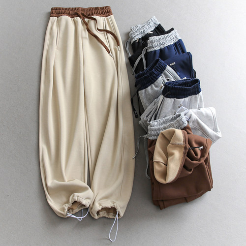 撞色腰头松紧腰加绒宽松休闲裤女