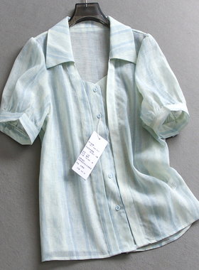 蓝色条纹超薄款宽松显瘦拼接假两件翻领泡泡袖百搭短袖女衬衫X500