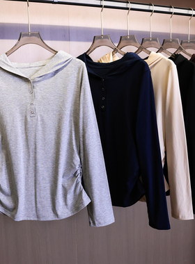 纯色侧边捏褶收腰显瘦修身连帽亨利领长袖亲肤打底内搭女T恤B557