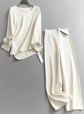 含绵羊毛纯色V领不规则套头毛衣可配一整套针织喇叭裤女套装Q275