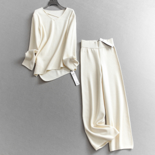 含绵羊毛纯色V领不规则套头毛衣可配一整套针织喇叭裤 Q275 女套装