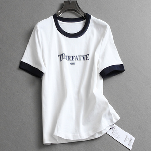 正肩短袖 女装 休闲T恤L287 新款 基础百搭字母图案撞色圆领2025夏季