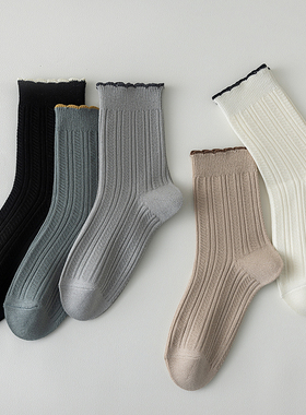 竖条纹竹纤维花边袜子女中筒袜日系潮简约百搭长袜秋冬B659