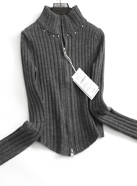 格雷系纯色显瘦短款高智感双拉链钉珠铆钉长袖女针织开衫毛衣K484