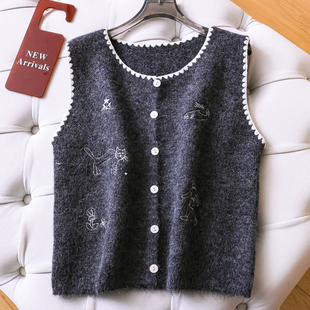 卡通猫咪刺绣宽松显瘦减龄叠穿无袖 马夹Q625 针织毛衣背心百搭女装