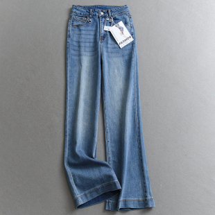 窄版 牛仔裤 阔腿2026春季 女裤 W566 新款 蓝色水洗磨白高腰显瘦微喇裤
