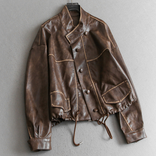夹克女皮衣B027 长袖 撞色复古宽松显瘦抽绳设计短外套2025秋季 新款