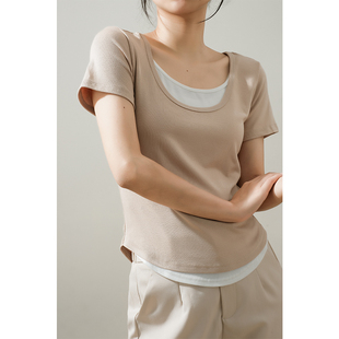 T恤女小众设计感ins正肩修身 U领假两件拼接短袖 锁骨打底上衣D620