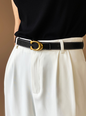 O690 时髦C字母立体扣双面荔枝纹牛皮真皮百搭裤装腰带女