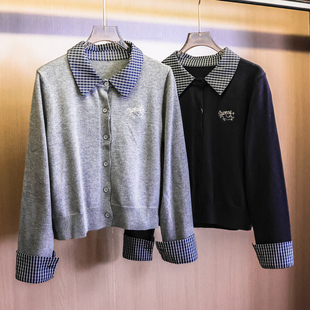 M177 针织开衫 格纹翻领拼接假两件减龄学院风毛衣刺绣长袖 百搭女装